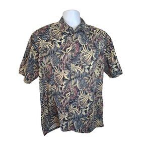 Pierre Cardin Mens Hawaiian Shirt Large Button-Up Leaf Print Short Sleeve Beach